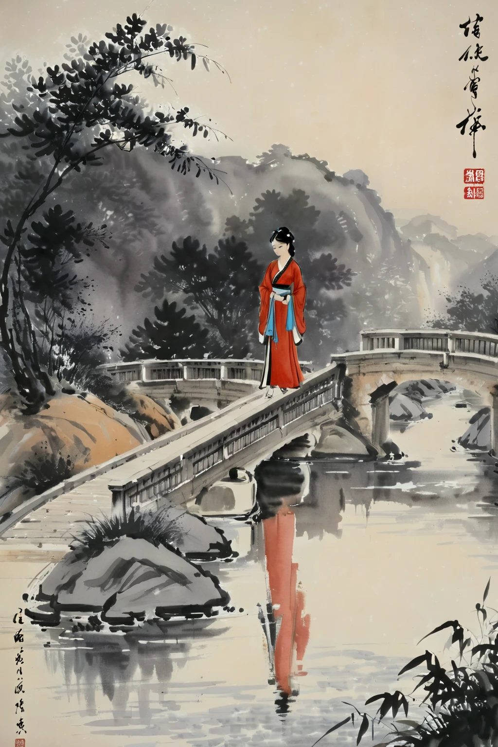 Chinese Ink Painting, traditional media, liujiyou, 1 girl, Solitary, Wearing cheongsam, Standing on the bridge,  