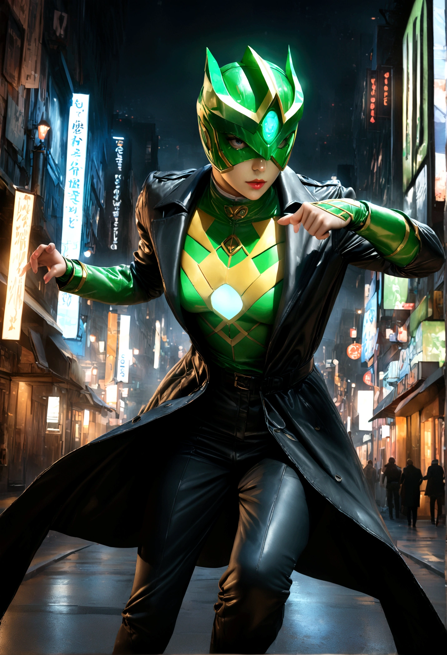 1girl,green power ranger,black trench coat,walking incognito,detailed costume,highly detailed,photorealistic,dynamic pose,dramatic lighting,cinematic composition,(best quality,8k,highres,masterpiece:1.2),ultra-detailed,(realistic,photorealistic,photo-realistic:1.37),dramatic lighting,cinematic composition,moody atmosphere,powerful energy
