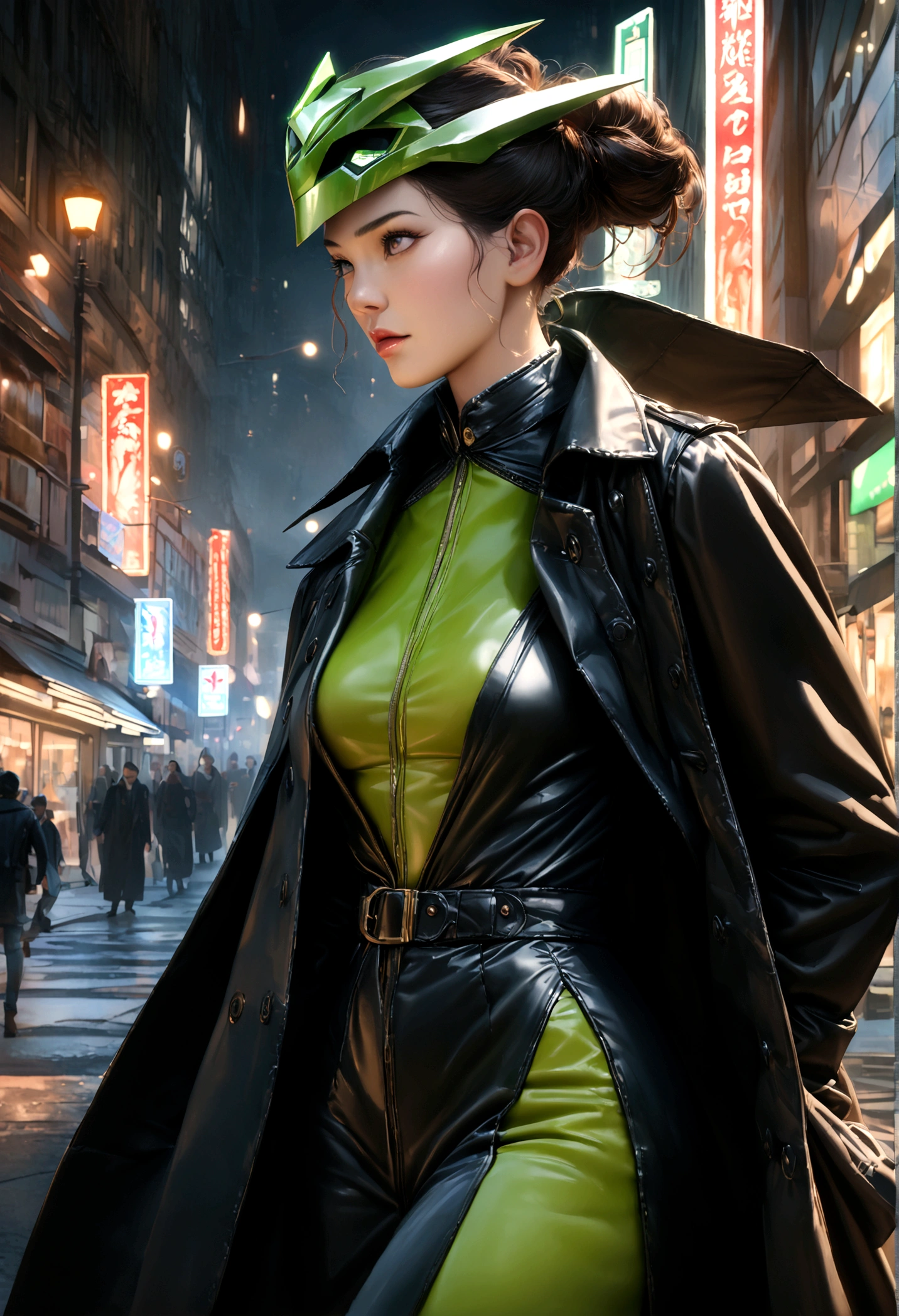 1girl,green power ranger,black trench coat,walking incognito,detailed costume,highly detailed,photorealistic,dynamic pose,dramatic lighting,cinematic composition,(best quality,8k,highres,masterpiece:1.2),ultra-detailed,(realistic,photorealistic,photo-realistic:1.37),dramatic lighting,cinematic composition,moody atmosphere,powerful energy
