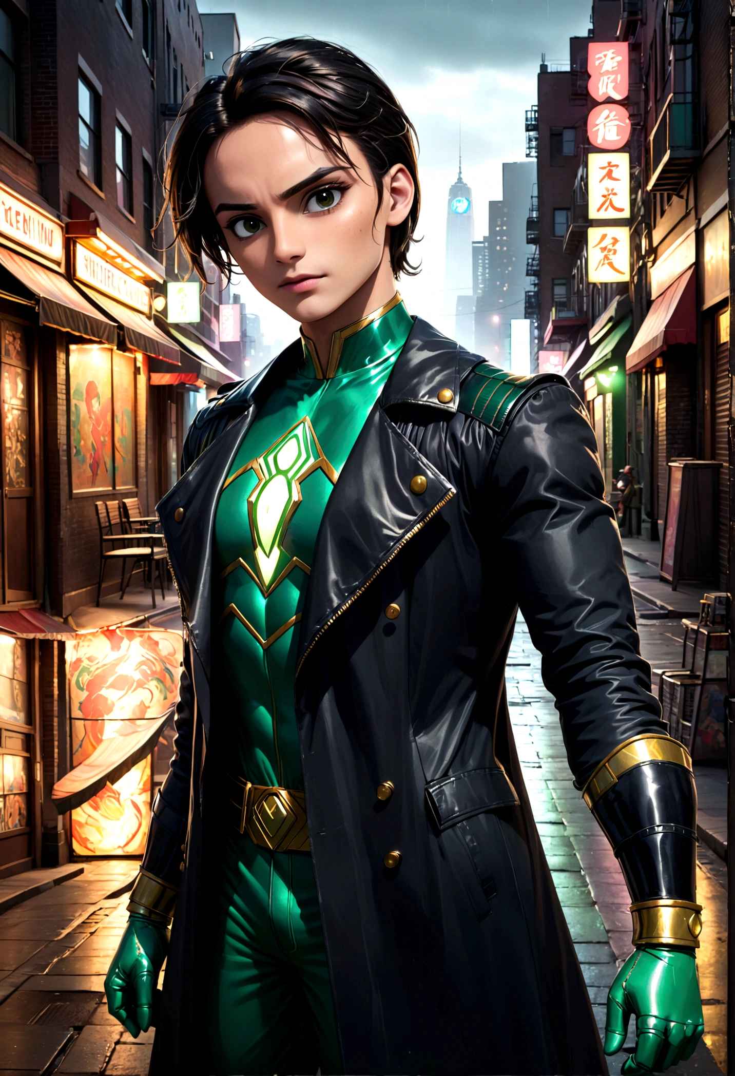 1girl,green power ranger,black trench coat,walking incognito,detailed costume,highly detailed,photorealistic,dynamic pose,dramatic lighting,cinematic composition,(best quality,8k,highres,masterpiece:1.2),ultra-detailed,(realistic,photorealistic,photo-realistic:1.37),dramatic lighting,cinematic composition,moody atmosphere,powerful energy
