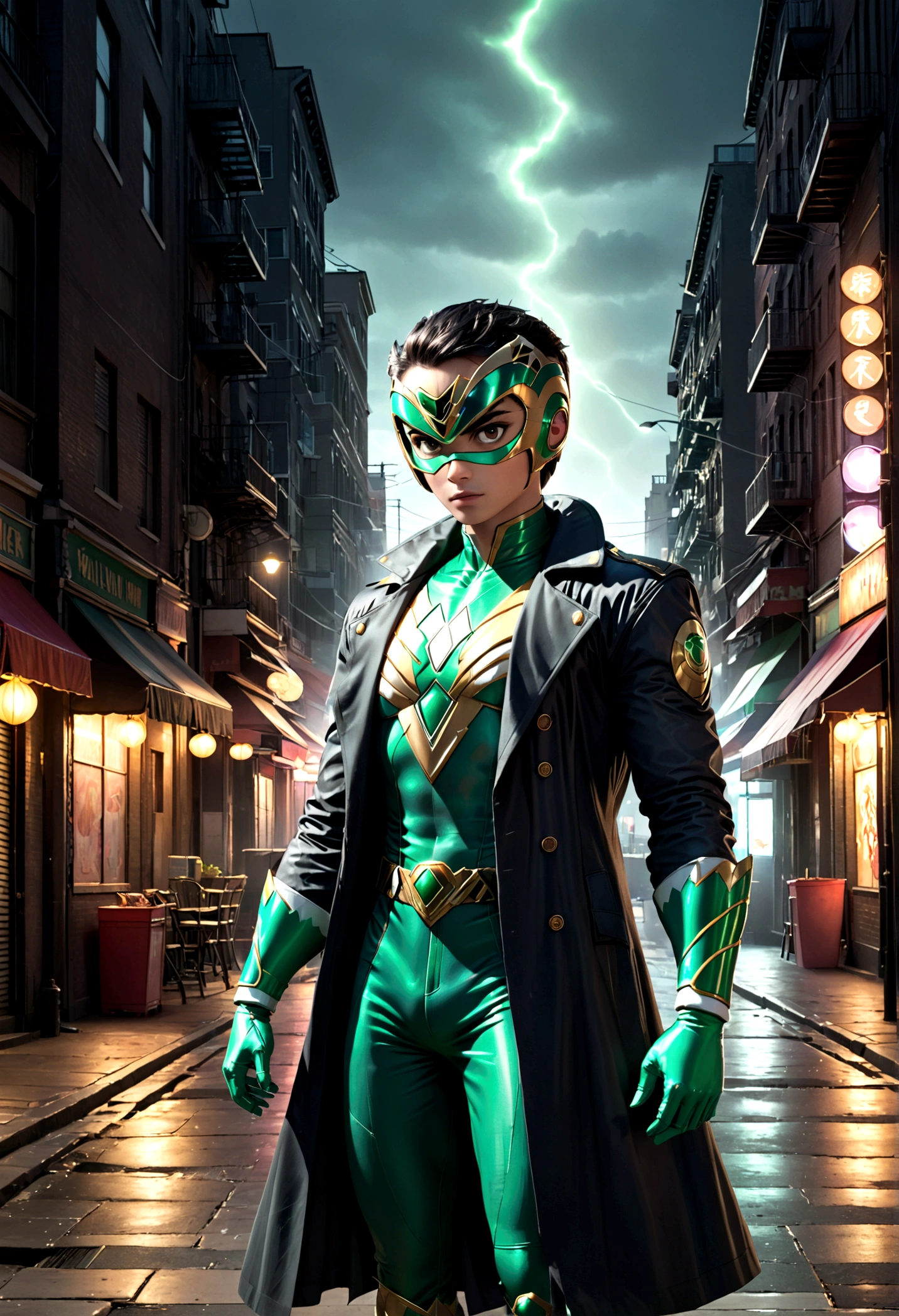 1girl,green power ranger,black trench coat,walking incognito,detailed costume,highly detailed,photorealistic,dynamic pose,dramatic lighting,cinematic composition,(best quality,8k,highres,masterpiece:1.2),ultra-detailed,(realistic,photorealistic,photo-realistic:1.37),dramatic lighting,cinematic composition,moody atmosphere,powerful energy
