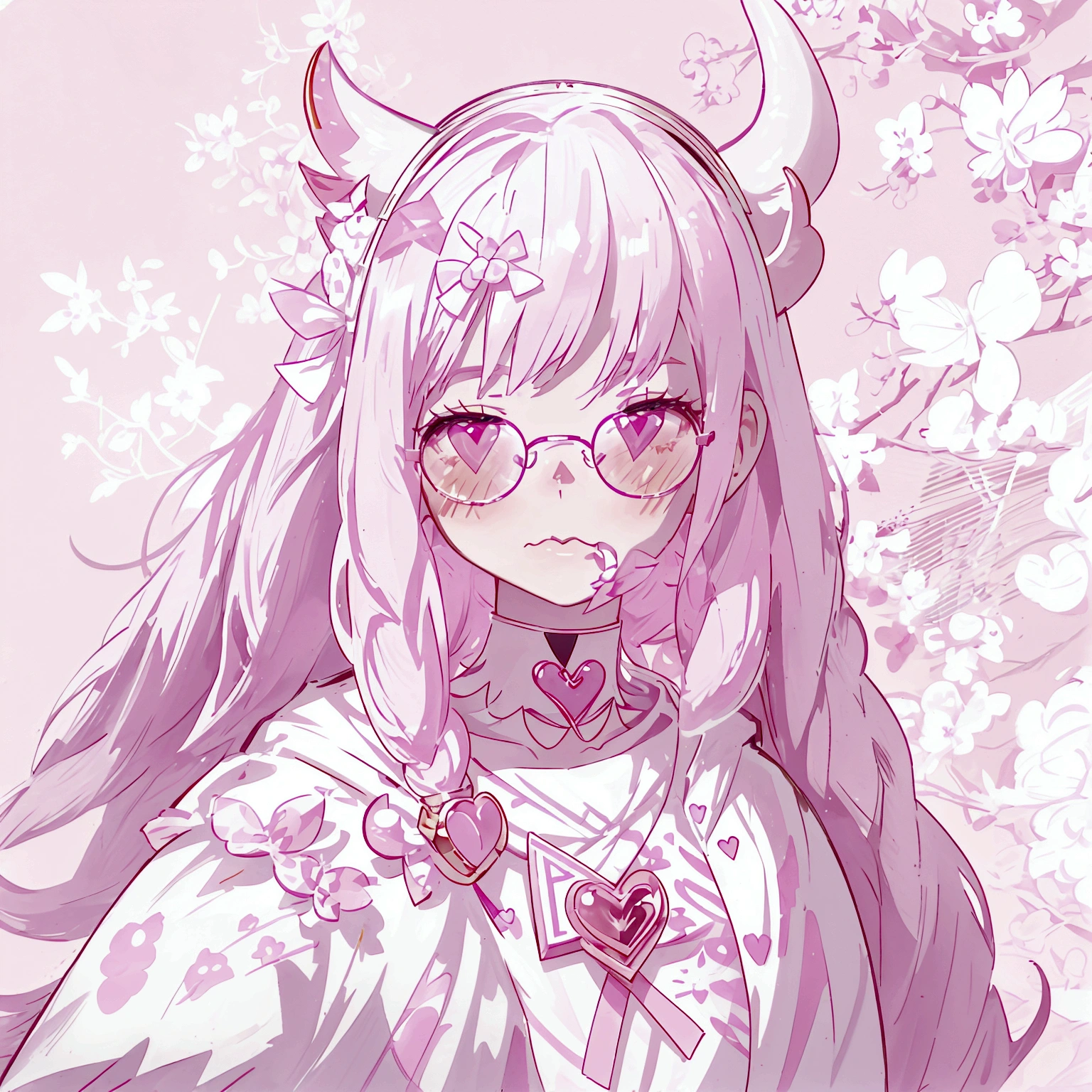 "IMVU, pink hair, pink heart eyes, white round glasses, pale skin, white and pink cow ears, white horns with pink bows, fuzzy white jacket with pink spots, pink cowbell choker, kawaii, soft, high quality, masterpiece, 8k"