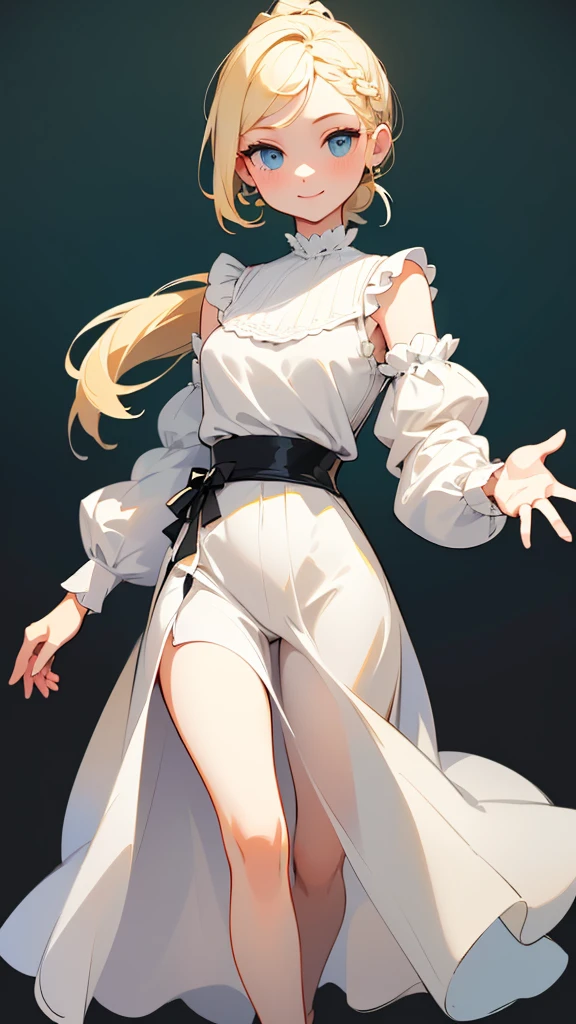 (masterpiece), ((Highest quality)), (Very detailed), (Beautiful eyes Beautiful details Eyes, Clean and delicate face), (whole body, Standing posture), Single braided blonde ponytail, Parted bangs, amount, smile, Wearing a white short-sleeved T-shirt, Layerable black camisole long dress, pumps, Simple color background