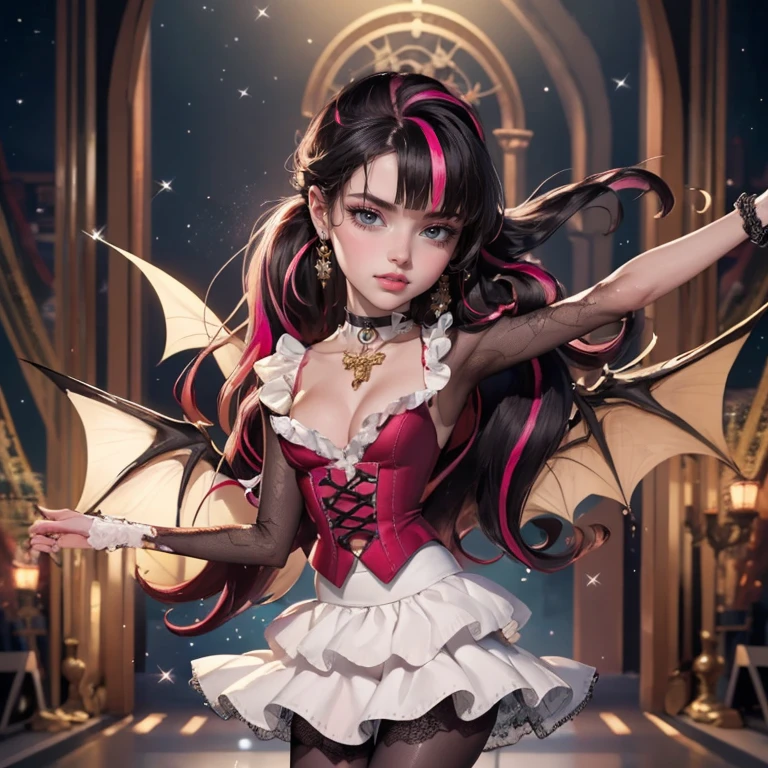 1 girl, a girl with bat wings on her back, perfectly hands, perfectly body, bat choker, necklace, centered, bat jewelry, award winning upper body portrait, cowboy shot, looking at viewer, Draculaura_MH, solo, black half hair, pink half hair, multicolored hair, long hair, pink knee boots, smile, vampire fangs, bat wings, bat jewelry, jewelry, Draculaura_(monster high), Monster High, ornament hair, long hair, 1 girl, Looking at the audience, flowing hair, Beautiful Eyes, Plump and glossy lips, Idol, dress with too many frills, black dress, gold laces, black Short skirt, Drape clothes, pink gem, Lace trim, bright stage, luxury gold details, gold jewelry, more details, best quality, Big sparkling eyes, blushing, Striped Lace Stockings, black Lolita skirt, sparkle, solo, centered girl, cowboy shot, perfectly body, perfectly hands, two arms, two legs, two hands, five fingers, perfect anatomy, glowing hair, pink roses, 1girl, dress, solo, flowing hair, floating hair, ornament hair, perfectly body, perfectly hands, on the stage, sparkles, more details on her clothes, dress with transparency, golden details on her dress, night, holding a microphone, ((4k, masterpiece, top-quality)), 8k, best quality, high resolution, UHD, (illustration:0.8), super cute girl, delicate and beautiful face, mature girl, super cute hairstyle, (beautiful detailed eyes:1.6), extremely detailed face, perfect lighting, extremely detailed CG, (perfect hands, perfect anatomy), Best quality ((4k, masterpiece, top-quality)),8k, best quality, high resolution, HD, (illustration:0.8), super cute girl, delicate and beautiful face, mature girl, super cute hairstyle, (beautiful detailed eyes:1.6), extremely detailed face, perfect lighting, extremely detailed CG, (perfect hands, perfect anatomy), Best quality, cleavage, small skirt, full Body, two arms, two legs, two hands, five fingers