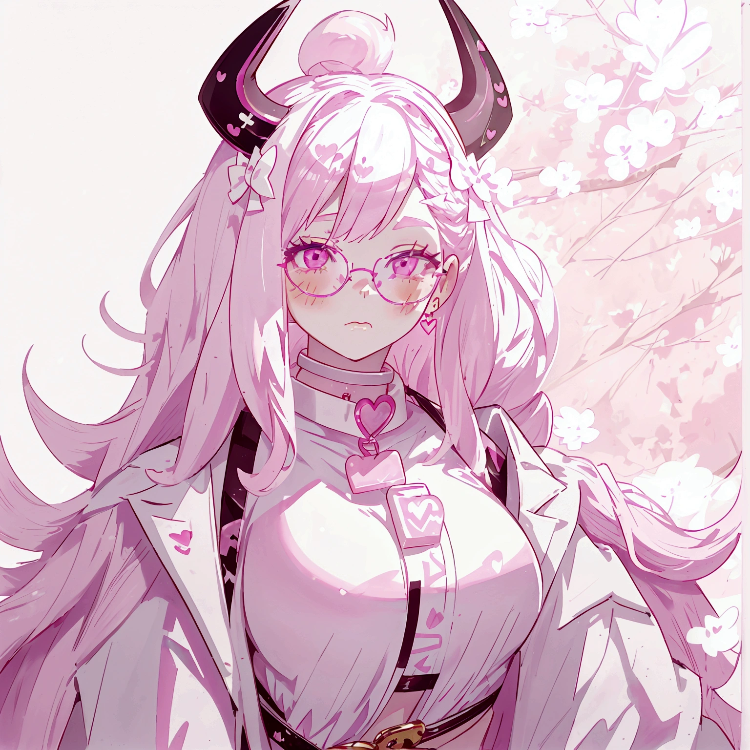 "IMVU, pink hair, pink heart eyes, white round glasses, pale skin, white and pink cow ears, white horns with pink bows, fuzzy white jacket with pink spots, pink cowbell choker, kawaii, soft, high quality, masterpiece, 8k, large breasts, showing cleavage