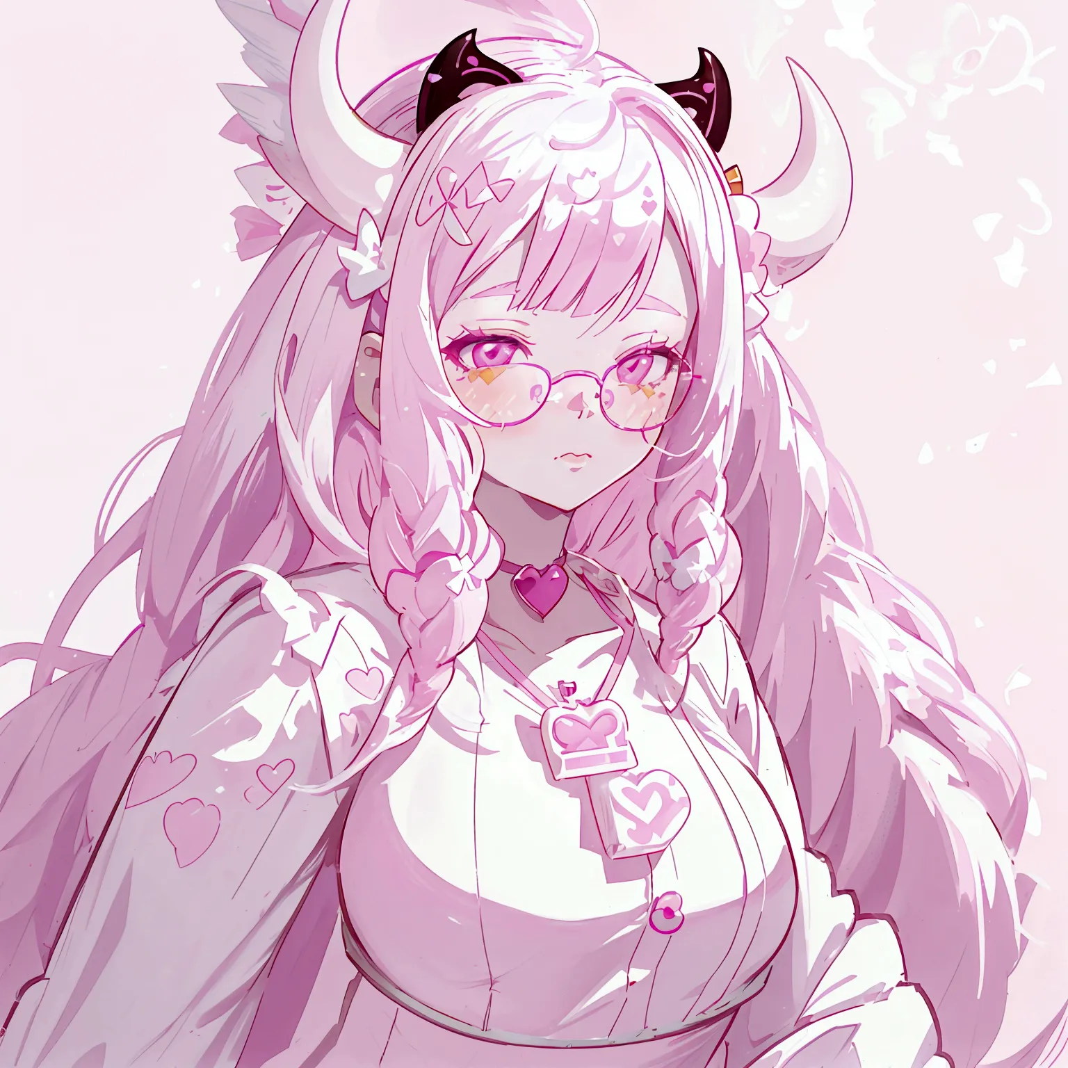 "imvu, pink hair, pink heart eyes, white round glasses, pale skin, white and pink cow ears, white horns with pink bows, fuzzy wh...