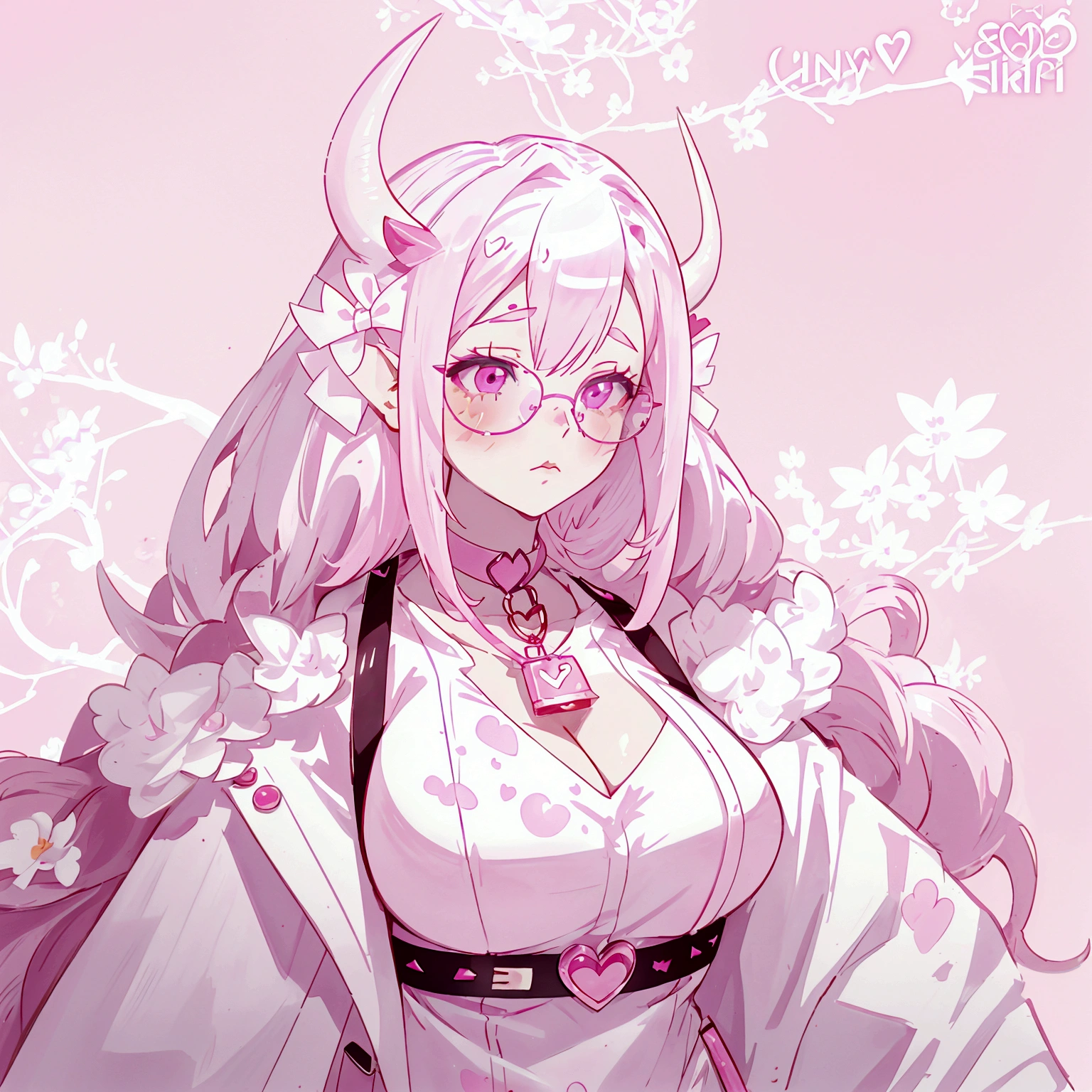 "IMVU, pink hair, pink heart eyes, white round glasses, pale skin, white and pink cow ears, white horns with pink bows, fuzzy white jacket with pink spots, pink cowbell choker, kawaii, soft, high quality, masterpiece, 8k, large breasts, showing cleavage