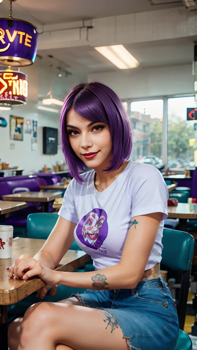 紫色の髪をした若い女性のストリート写真, 笑顔, ハッピー, かわいいTシャツ, 彼女の腕のタトゥー, 50年代のダイナーに座る 