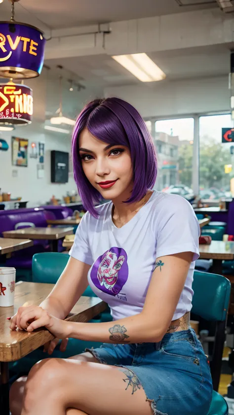 street photography photo of a young woman with purple hair, smile, happy, cute t-shirt, tattoos on her arms, sitting in a 50s di...