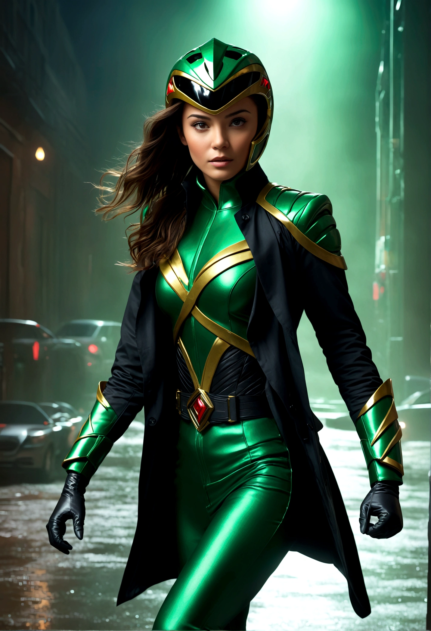 1girl,green power ranger,black trench coat,walking incognito,detailed costume,highly detailed,photorealistic,dynamic pose,dramatic lighting,cinematic composition,(best quality,8k,highres,masterpiece:1.2),ultra-detailed,(realistic,photorealistic,photo-realistic:1.37),dramatic lighting,cinematic composition,moody atmosphere,powerful energy
