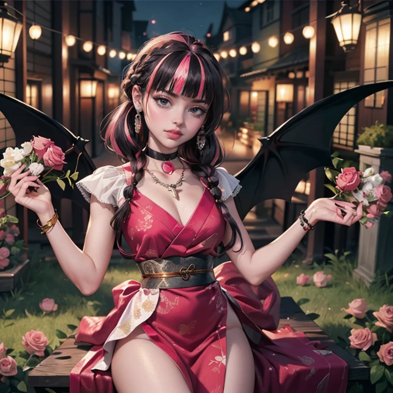 1 girl, a girl with bat wings on her back, perfectly hands, perfectly body, black choker, long dress, bat necklace, necklace, centered, bat jewelry, award winning upper body portrait, mini bat wings on her head, (looking at viewer:1.2), Draculaura_MH, solo, black half hair, pink half hair, multicolored hair, long hair, braided hair, traditional Japanese hair, ornament hair, pink roses on head, tradicional japanese style, kimono, pink dress, stick japanese hair, white knee boots, smiling, cemitery scenery, japanese lanterns, pink roses on focus, garden, depth of field, cinematic composition, half black hair, half soft pink hair, wave hair, pink heart in the eyes, smile, vampire fangs, bat wings, black dress, long dress, black dress with transparency, white laces, black gloves, black high socks, high hills boots, bat jewelry, jewelry, coffin on focus, pink roses, Draculaura_(monster high), Monster High, looking at the viewer, more details on the clothes, solo, centered girl, cowboy shot, perfectly body, perfectly hands, two arms, two legs, two hands, five fingers, perfect anatomy, glowing hair, red roses, 1girl, dress, solo, flowing hair, floating hair, ornament hair, perfectly body, perfectly hands, on the stage, sparkles, more details on her clothes, dress with transparency, golden details on her dress, night, holding a microphone, ((4k, masterpiece, top-quality)), 8k, best quality, high resolution, UHD, (illustration:0.8), super cute girl, delicate and beautiful face, mature girl, super cute hairstyle