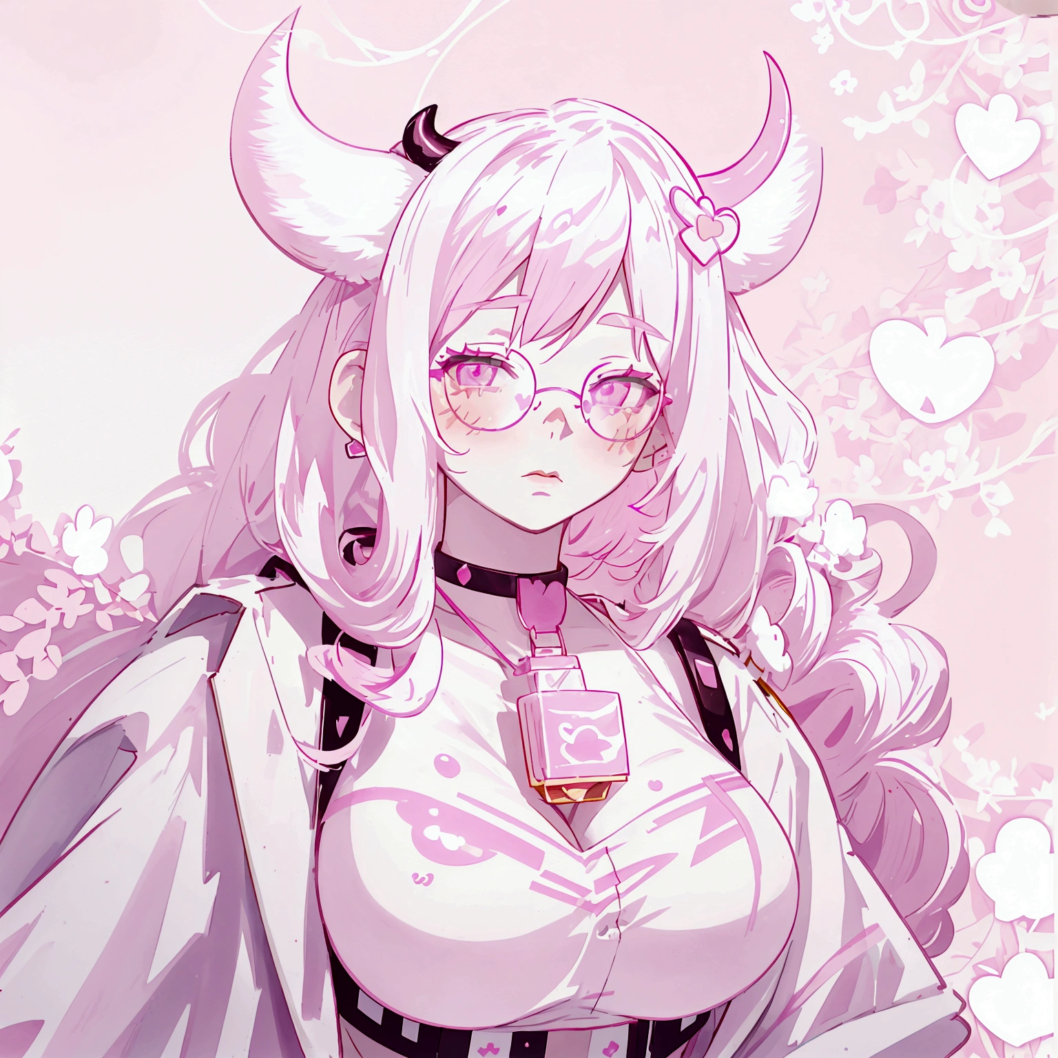 "IMVU, pink hair, pink heart eyes, white round glasses, pale skin, white and pink cow ears, white horns with pink bows, fuzzy white jacket with pink spots, pink cowbell choker, kawaii, soft, high quality, masterpiece, 8k, large breasts, showing cleavage