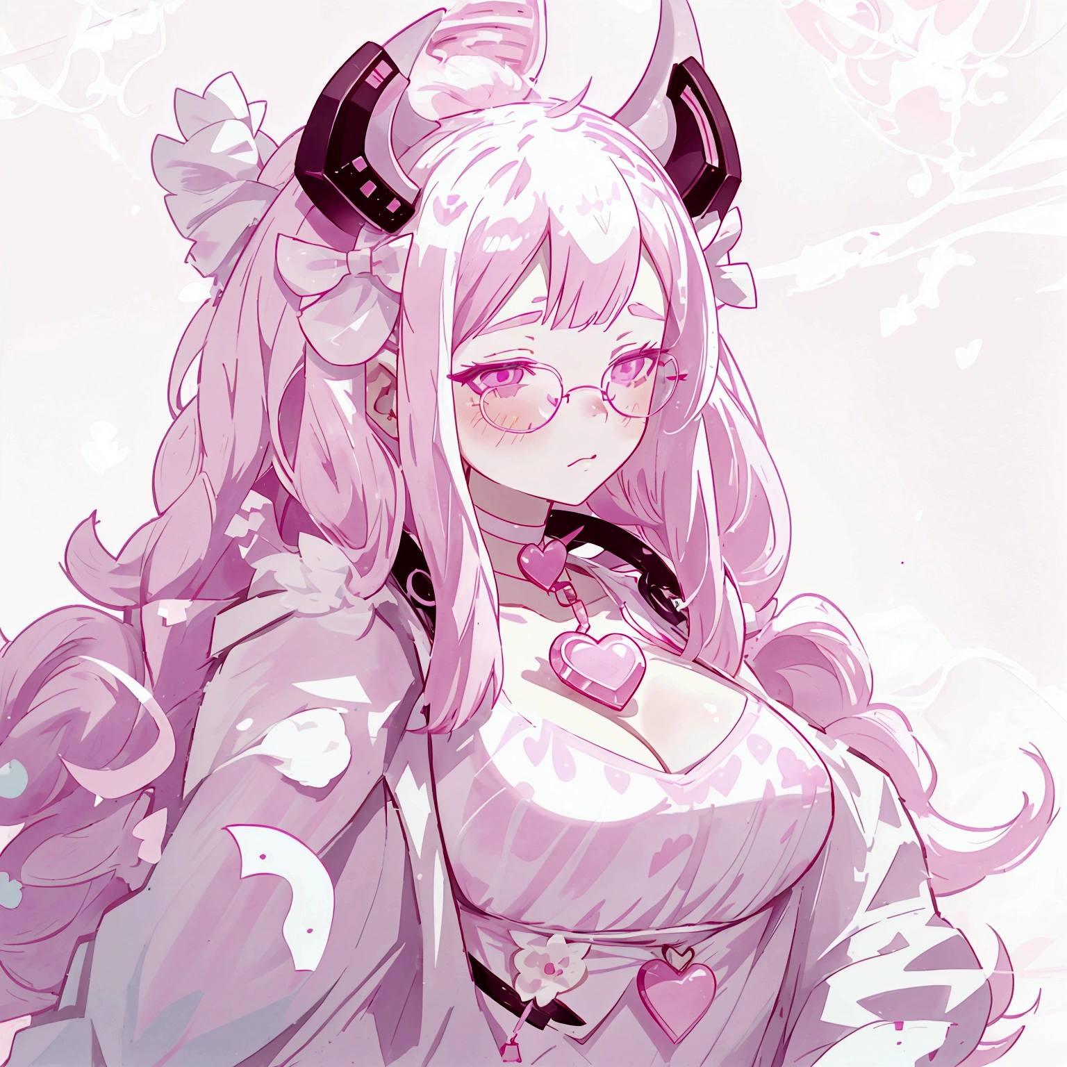 "IMVU, pink hair, pink heart eyes, white round glasses, pale skin, white and pink cow ears, white horns with pink bows, fuzzy white jacket with pink spots, pink cowbell choker, kawaii, soft, high quality, masterpiece, 8k, large breasts, showing cleavage