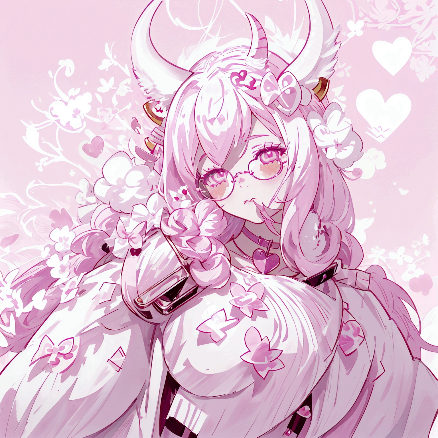 "IMVU, pink hair, pink heart eyes, white round glasses, pale skin, white and pink cow ears, white horns with pink bows, fuzzy white jacket with pink spots, pink cowbell choker, kawaii, soft, high quality, masterpiece, 8k, large breasts, showing cleavage