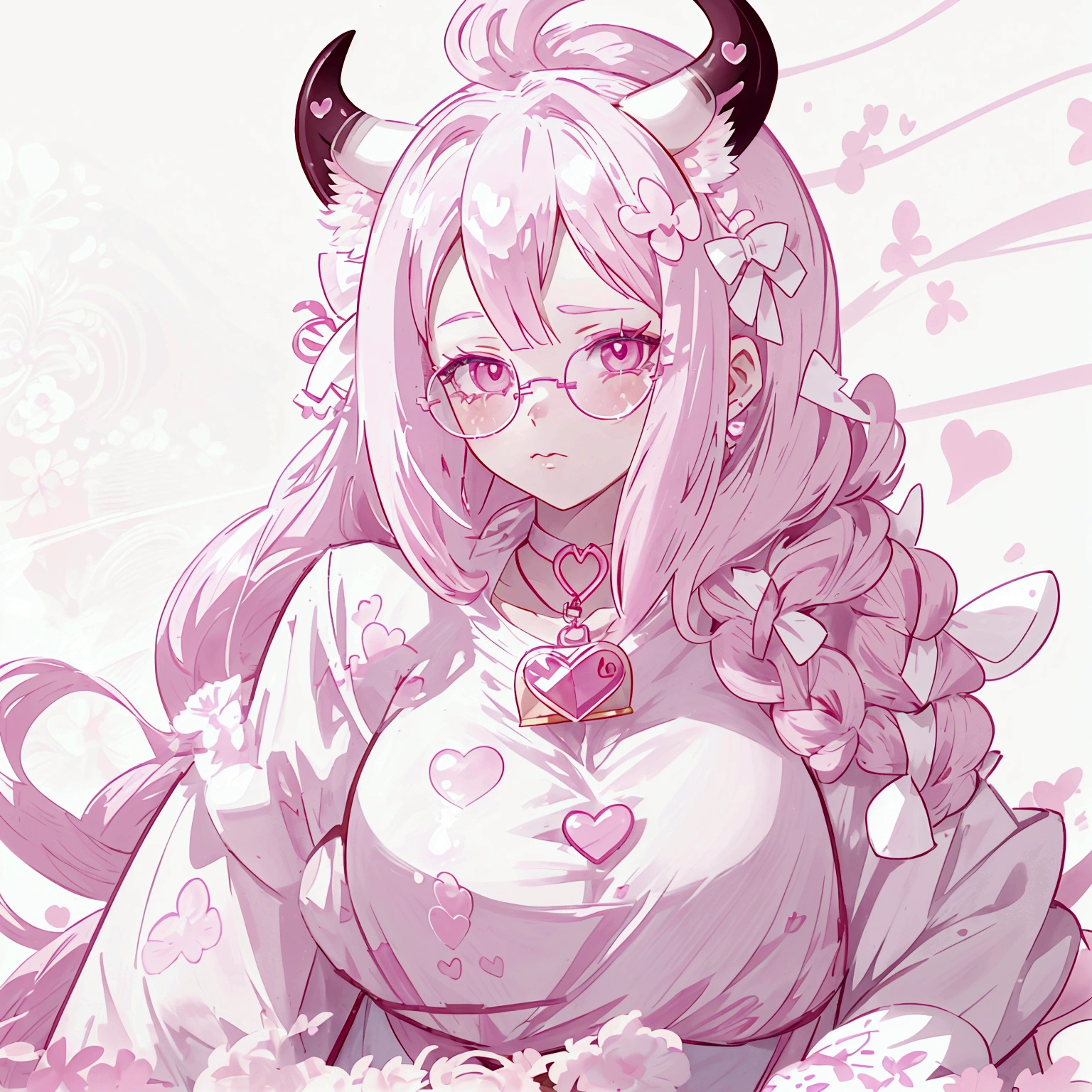 "IMVU, pink hair, pink heart eyes, white round glasses, pale skin, white and pink cow ears, white horns with pink bows, fuzzy white jacket with pink spots, pink cowbell choker, kawaii, soft, high quality, masterpiece, 8k, large breasts, showing cleavage