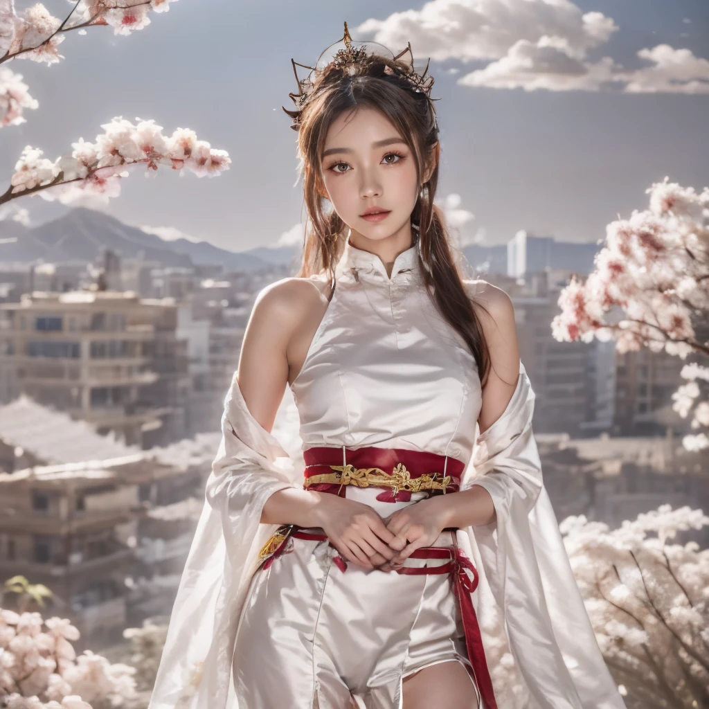 Blue sky and white clouds，Mountains in the distance、tower and many people，Pink flowers，Cherry tree，Hanfu woman,Phoenix crown tiara、Fine embroidery、穿Hanfu裤袜、Hanfu、穿长袖Hanfu、The legs are transparent and clearly visible、Look and、Exposed oversized breasts、Raw,(8K、Top quality、masterpiece:1.8)、(Intricate details:1.8)、(Reality:1.8)、Octane Rendering、Complex 3D rendering with ultra-details, Studio soft light, Side light, Vivid details, Super Detail, Realistic skin texture, Details, beautiful eyes, Highly detailed CG Unity 16k wallpaper, cosmetic, (Detailed background:2.0), Clear your fingers，Beautiful fingers，Radiant skin、Spread your legs，Camel toe showing thigh!!!、