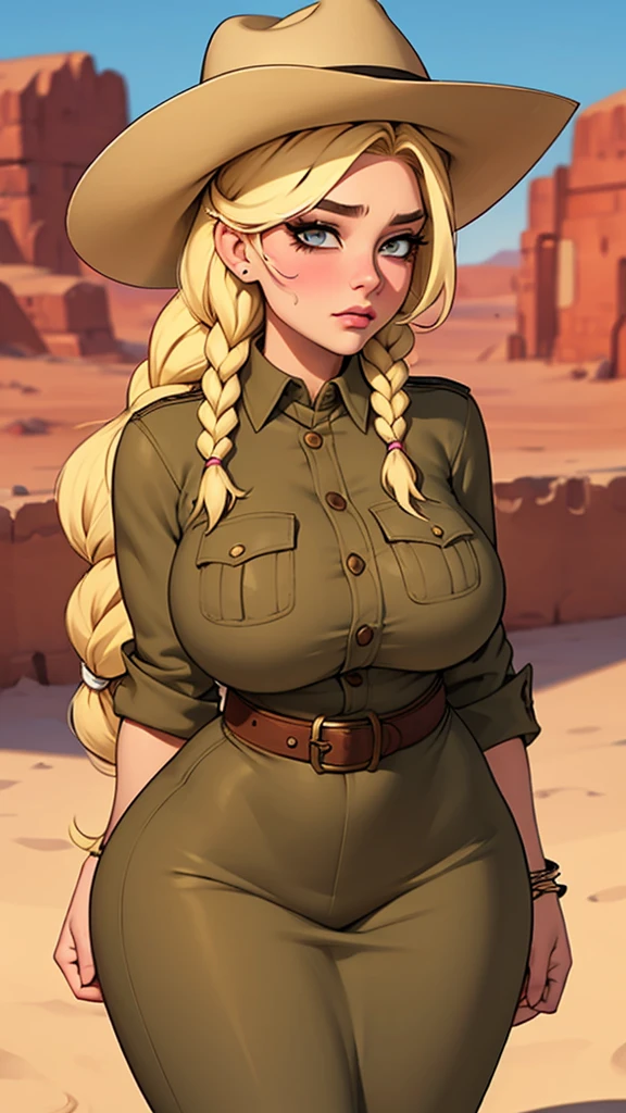 Woman sheriff, wild west, curvy, cowboy hat, blonde braids hair, pink skin, parts, stir in both hands, village scene in the desert