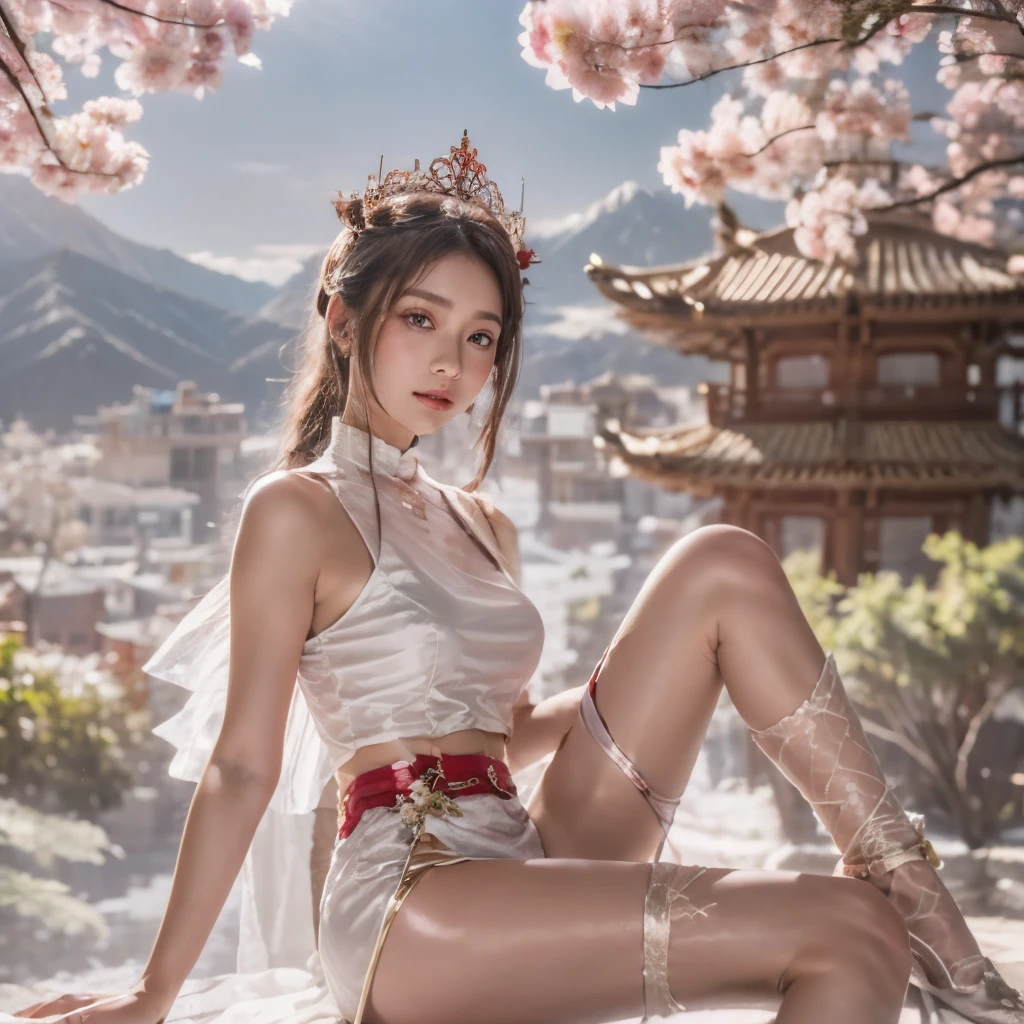 Blue sky and white clouds，Mountains in the distance、tower and many people，Pink flowers，Cherry tree，Hanfu woman,Phoenix crown tiara、Fine embroidery、穿Hanfu裤袜、Hanfu、穿长袖Hanfu、The legs are transparent and clearly visible、Look and、Exposed oversized breasts、Raw,(8K、Top quality、masterpiece:1.8)、(Intricate details:1.8)、(Reality:1.8)、Octane Rendering、Complex 3D rendering with ultra-details, Studio soft light, Side light, Vivid details, Super Detail, Realistic skin texture, Details, beautiful eyes, Highly detailed CG Unity 16k wallpaper, cosmetic, (Detailed background:2.0), Clear your fingers，Beautiful fingers，Radiant skin、Spread your legs，Camel toe showing thigh!!!、