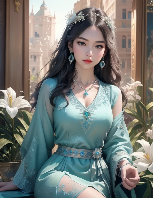 Ultra-realistic 8k CG, picture-Perfect face, Flawless, Clean, masterpiece, Professional artwork, Famous Artworks, Movie Lighting, Bloom, Perfect face, Pretty Face, fantasy, Like a dream, illusory, Science fiction,   Lace, Lace trim, Lace-trimmed legwear,  (rich:1.4), prestige, luxurious, Jewelry, diamond, Kaneko, pearl, gem, 蓝gem, 红gem, emerald, Intricate details, Exquisite pattern, charming, Tempting, Tempting, , enchanting, Hair accessories, neckLace, earrings, bracelet, armband,Halo
((,1 Girl, Throw,))  , 1 Girl, Solitary, Star_\(Symbolism\),lily \(flower\),hair flower,樱flower,outdoor, Jewelry