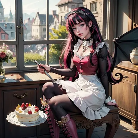 1 girl, a girl with bat wings, holding a pastry brush, succubus, bakery, a cake on focus, cake with strawberrys and red roses, b...