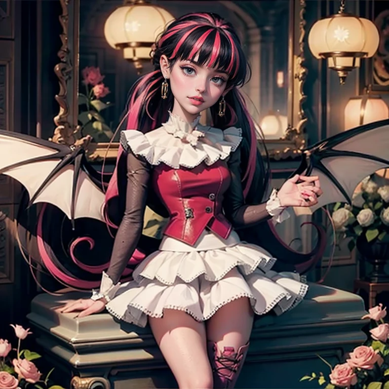 ((high quality)), ((Work of art)), (more detail), 1girl, succubus, centered, a girl with a bat wings, award winning upper body portrait, solo, alone, cowboy shot, Draculaura_MH, solo, black half hair, pink half hair, multicolored hair, long hair, wave hair, braided hair, chinese hairpin, white shirt, white skirt, pink knee boots, smiling, gothic style, cemetery scenery, gold lanterns, white roses, depth of field, cinematic composition, half black hair, half soft pink hair, wave hair, seat close to a coffin, solo, alone, only one girl, white roses, smile, vampire fangs, gothic dress, bat wings, white dress, white dress with transparency, pink laces, white gloves, white high socks, pink high hills boots, bat jewelry, jewelry, grass, white roses on focus, Draculaura_(monster high), Monster High, looking at the viewer, solo, alone, only one girl, more details on the clothes, petals in the air, two arms, two legs, two hands, five fingers