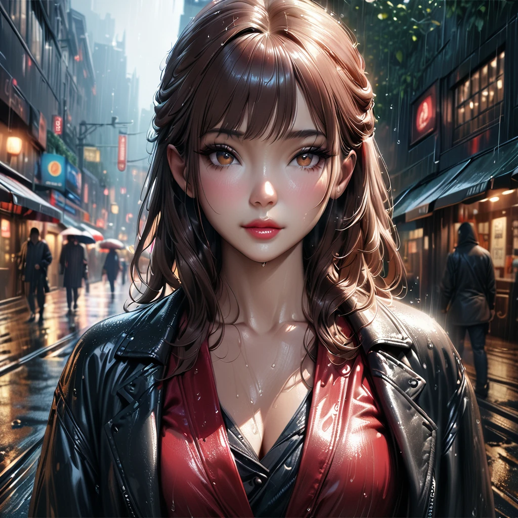 A beautiful young Japanese woman wearing a black trench coat, standing in the rain, (best quality,4k,8k,highres,masterpiece:1.2),ultra-detailed,(realistic,photorealistic,photo-realistic:1.37),detailed face,detailed eyes,detailed lips,long eyelashes,full body shot,rainy background,rain drops,moody lighting,dramatic shadows,vibrant colors,cinematic composition