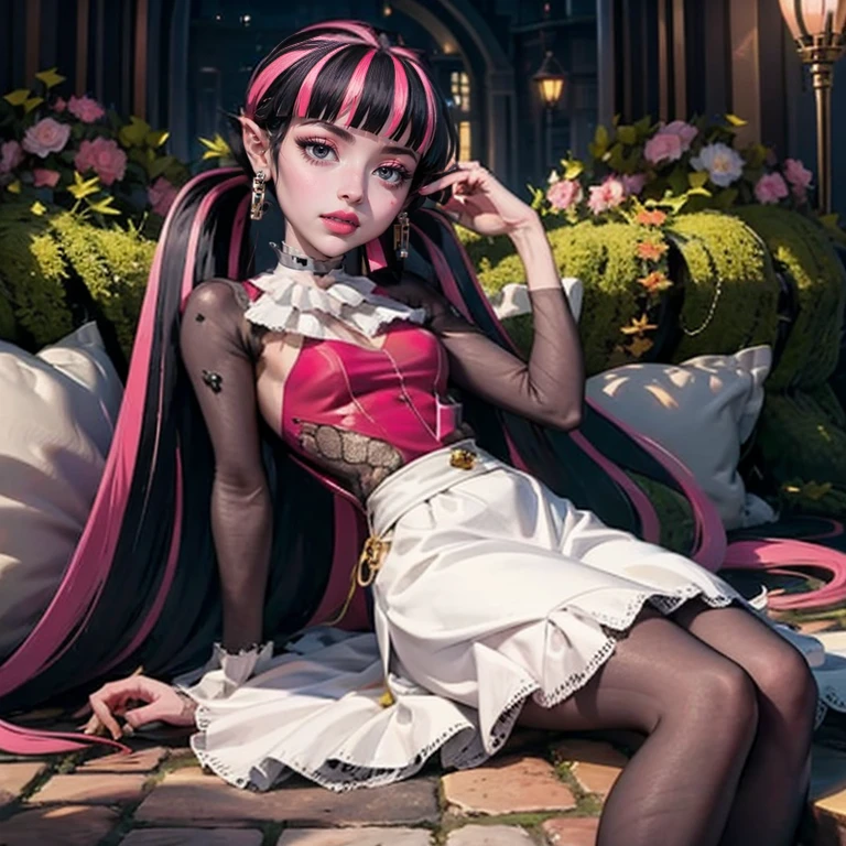 1 girl, a girl with bat wings, holding a red rose, succubus, a red roses on focus, red roses, black hair, pink hair, multicolored hair, bat choker, necklace, centered, bat jewelry, gothic scenery, Pink bat Jewelry, smile, vampire fangs, (looking at viewer), Draculaura_MH, centered, wavy hair, solo, red roses, ornament hair, pink roses on her hair, bat ears on the top of the head, a vampire girl, holding a red rose, perfectly body, perfectly hands, pink hair, flowing hair, short hair, laying down on a grass, chinese garden style, oriental garden, a lake with white carpas on the background, gold lantern, alone, solo, black dress, chinese black dress, a dress with layers, short skirt, more details on her clothes, laying down, golden details, night, smiling, pink dress, garden scene, cowboy shot, luxury, gold details on her clothes, 1girl, dress, jewelry, maid clothes, maid, maid dress, maid apron, maid headdress, white apron, solo, alone, black dress, gold lantern, Chinese style, Chinese lanterns, Chinese maid dress, centered, laying down on the grass, black gloves, black socks, white laces, pink shoes, gold details on her clothes, cat ears, animal ears, garden, roses, more details, best quality, solo, alone, centered,