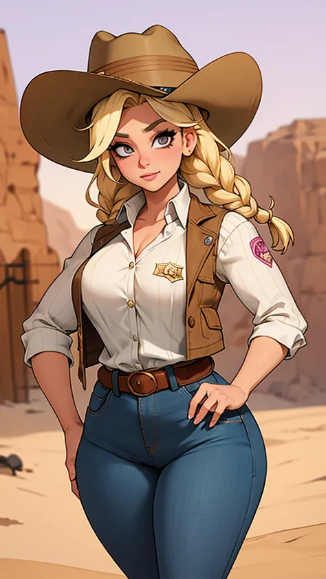 Woman sheriff, wild west, curvy, cowboy hat, blonde braids hair, pink skin, parts, short jeans, White shirt, Cowboy vest, texan ...
