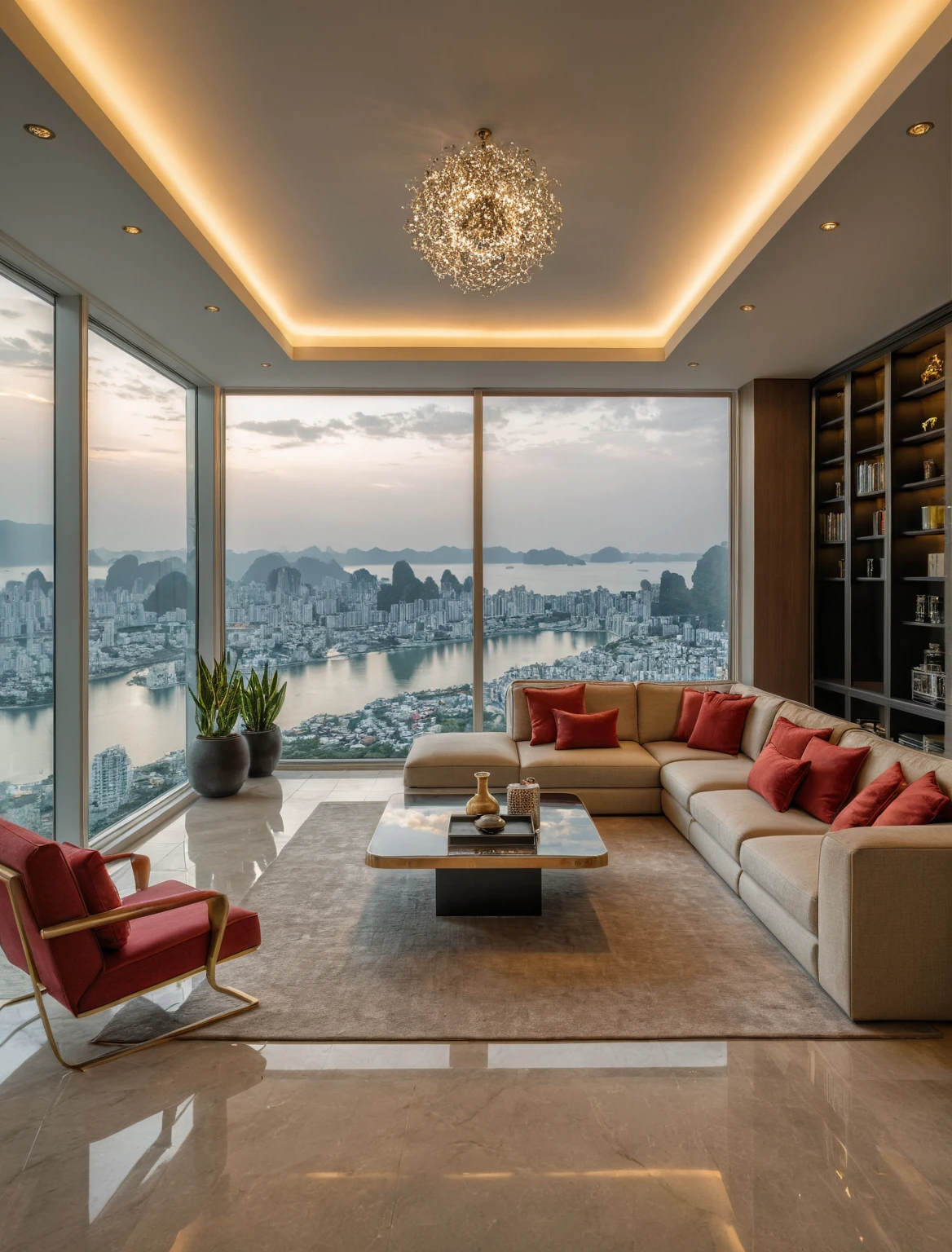 Raw photo,Masterpiece, high quality, best quality, authentic, super detail, interior, livingroom style modern luxury, sunset, day light, sofa, tea table, carpet, flower vase on tea table, wine bottle, tray, armchair, wine cabinet, books, glass cabinet doors, snake plant pot, halong bay view window, downlight, chandelier