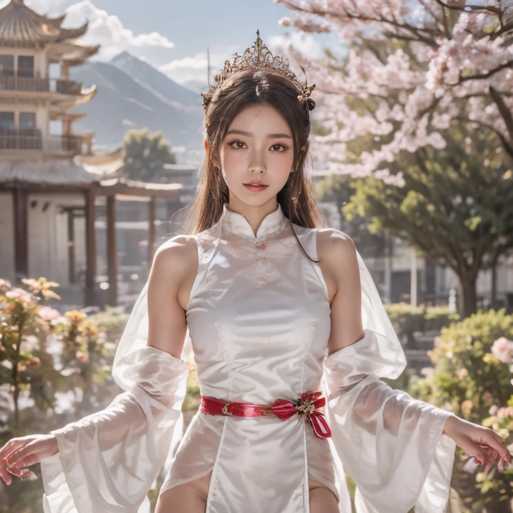 Blue sky and white clouds，Mountains in the distance、tower and many people，Pink flowers，Cherry tree，Hanfu woman,Phoenix crown tiara、Fine embroidery、穿Hanfu裤袜、Hanfu、穿长袖Hanfu、The legs are transparent and clearly visible、Look and、Exposed oversized breasts、Raw,(8K、Top quality、masterpiece:1.8)、(Intricate details:1.8)、(Reality:1.8)、Octane Rendering、Complex 3D rendering with ultra-details, Studio soft light, Side light, Vivid details, Super Detail, Realistic skin texture, Details, beautiful eyes, Highly detailed CG Unity 16k wallpaper, cosmetic, (Detailed background:2.0), Clear your fingers，Beautiful fingers，Radiant skin、Spread your legs，Camel toe showing thigh!!!、