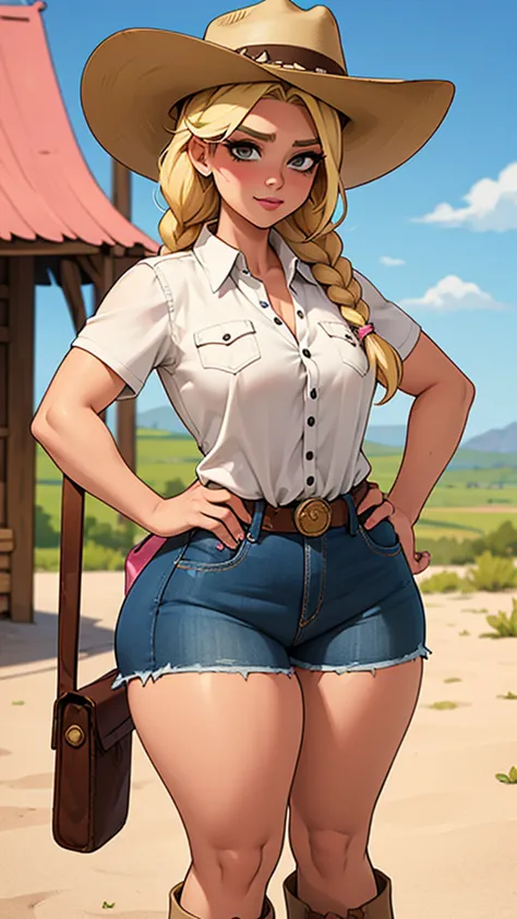 woman sheriff, wild west, curvy, cowboy hat, blonde braids hair, pink skin, parts, small shorts jeans, white shirt, cowboy vest,...