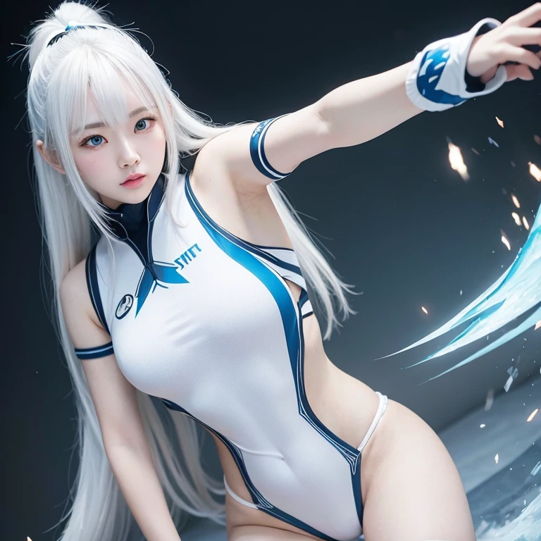 muchacha coreana, pelo largo blanco con flequillo, ojos azules helados, piel blanca, traje de ninja diminuto blanco, estilo de videojuego, Estilo mortal kombat