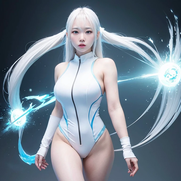 Menina coreana, cabelo longo branco com franja, olhos azuis gelados, Pele branca, terno ninja branco e acanhado, estilo de videogame, Estilo Mortal Kombat