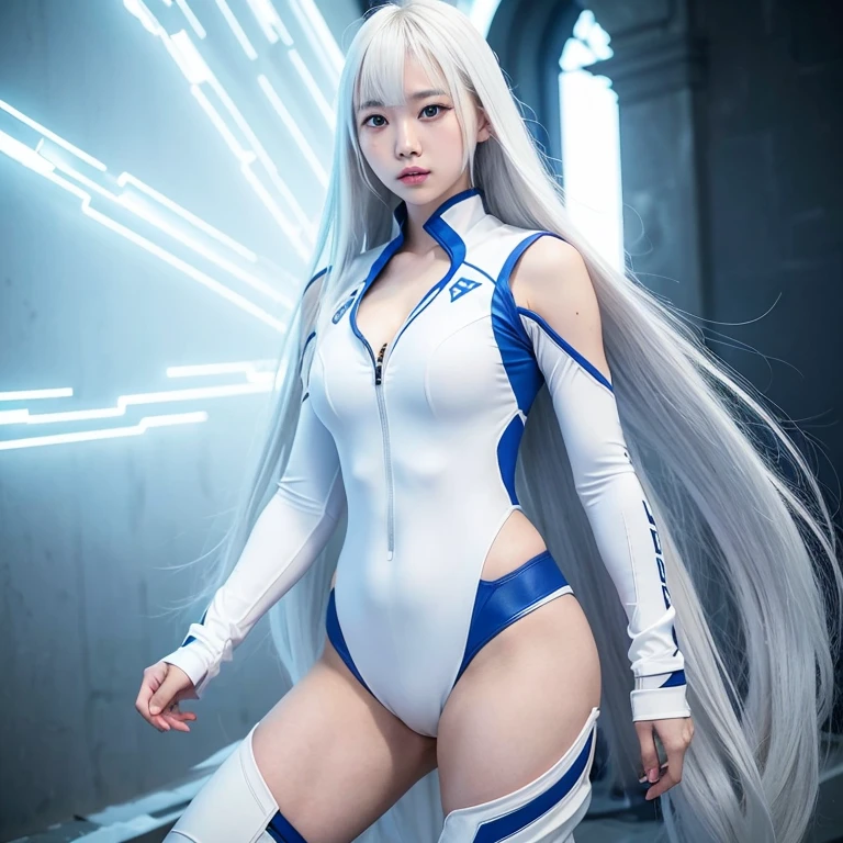 Korean girl, white long hair with bangs, icy blue eyes, white skin, white skimpy ninja suit, video game style, mortal kombat style