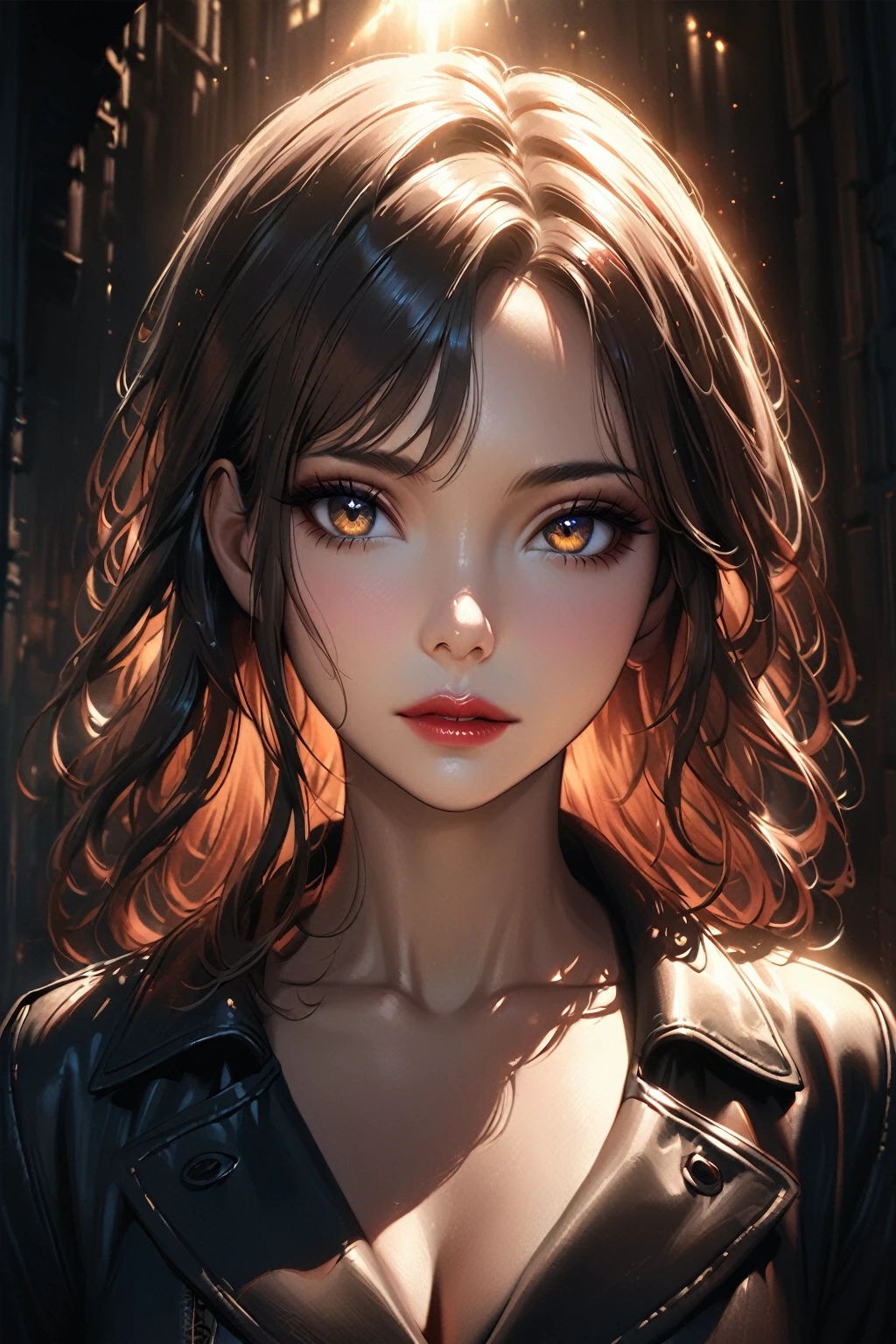 a woman wearing a black trench coat, beautiful detailed eyes, beautiful detailed lips, extremely detailed face, long eyelashes, cinematic lighting, chiaroscuro lighting, dramatic lighting, photorealistic, 8k, high quality, detailed portrait, elegant, atmospheric, intricate details, moody, dramatic, cinematic, dark and moody, dramatic shadows, intense colors, vibrant colors