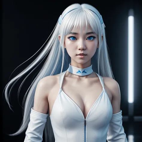 korean girl, white long hair with bangs, icy blue eyes, white skin, white skimpy ninja suit, video game style, mortal kombat sty...