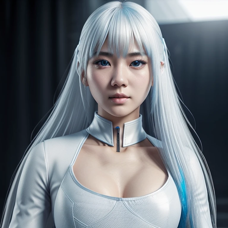 Korean girl, white long hair with bangs, icy blue eyes, white skin, white skimpy ninja suit, video game style, mortal kombat style