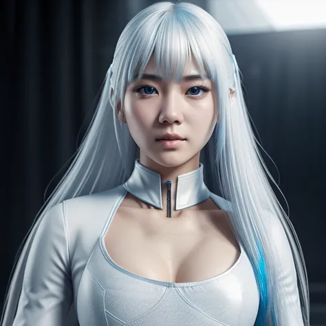 korean girl, white long hair with bangs, icy blue eyes, white skin, white skimpy ninja suit, video game style, mortal kombat sty...