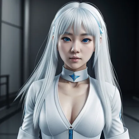 Korean girl, white long hair with bangs, icy blue eyes, white skin, white skimpy ninja suit, video game style, mortal kombat sty...