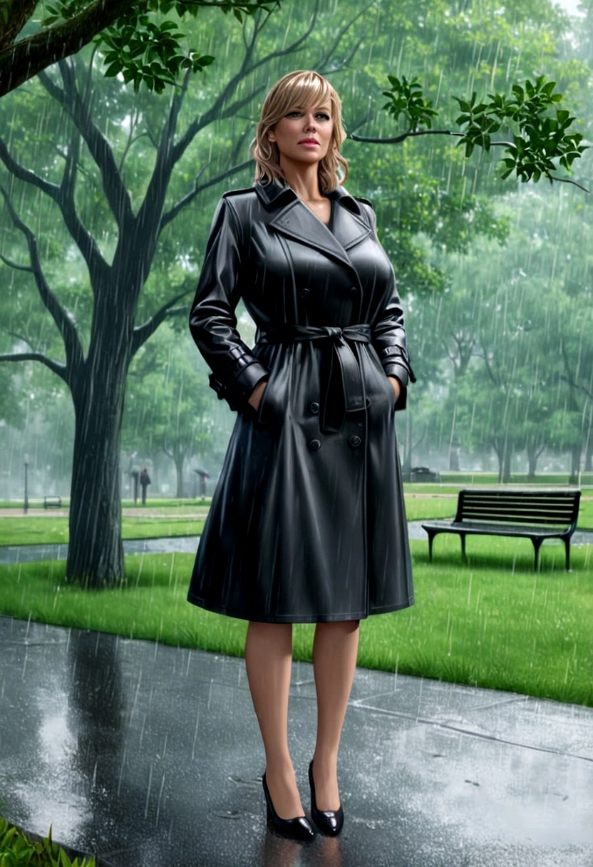 beautiful busty milf in Black Trench Coat, standing in a park, rainy day, photorealistic, masterpiece, full body shot