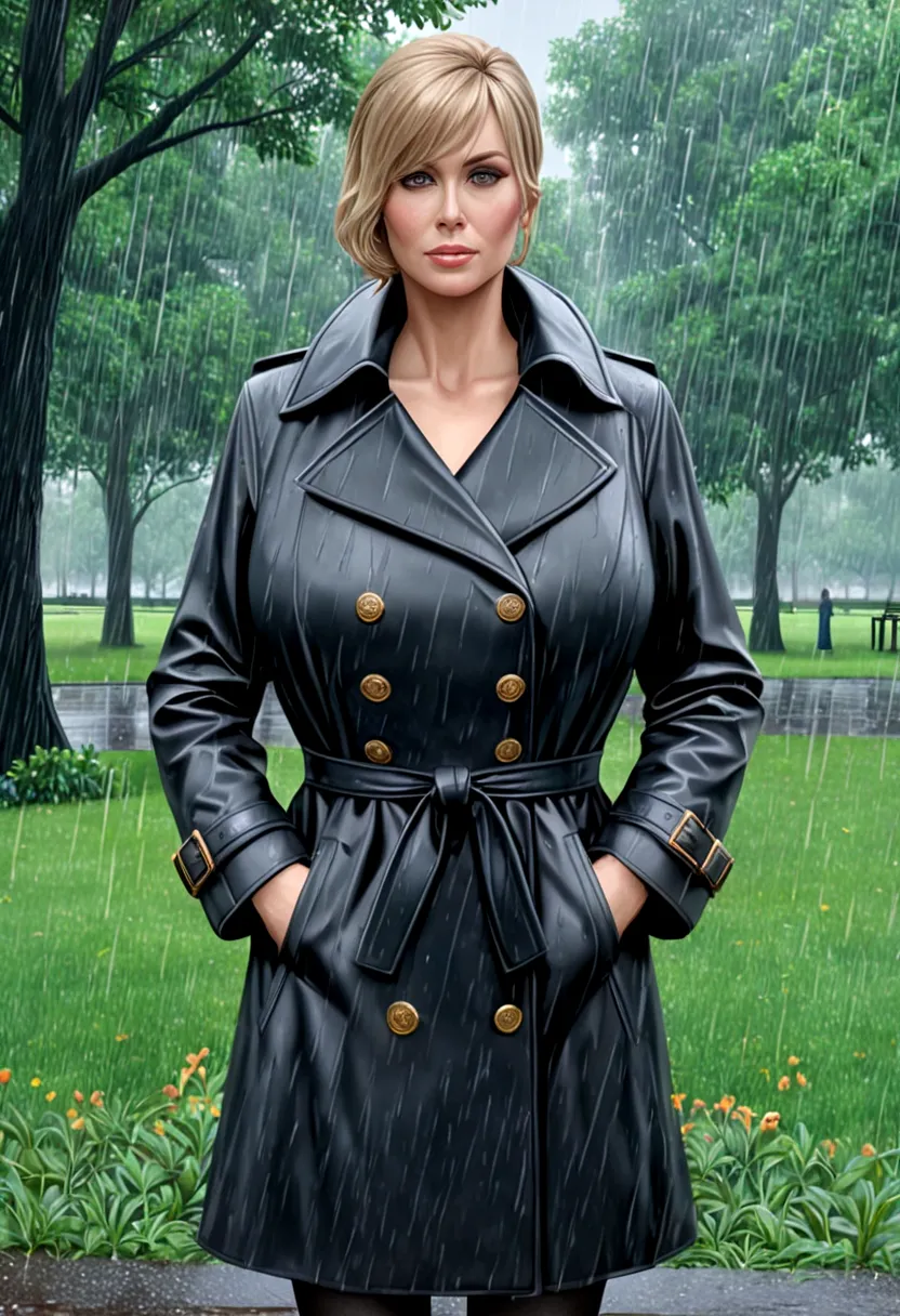 beautiful busty milf in Black Trench Coat, standing in a park, rainy day, photorealistic, masterpiece, full body shot