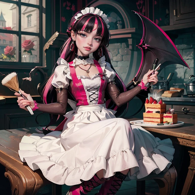 1 girl, a girl with bat wings, holding a pastry brush, succubus, bakery, a cake on focus, cake with strawberrys and red roses, bat choker, necklace, centered, bat jewelry, medieval castle scenery, Pink bat Jewelry, smile, vampire fangs, (looking at viewer), Draculaura_MH, wavy hair, Alone, half black hair, half pink hair, multicolored hair, long hair, braided hair, gothic scenery, medieval style, maid dress, white apron, maid apron, maid headdress, white skirt, pink knee boots, smiling, in kitchen, kitchen, black lanterns, stand up close to window, depth of field, film composition, ((high quality)), ((artwork)), (More details), maid dress, black maid headdress, black maid apron, bat wings, white dress, black dress with transparency, pink laces, pink gloves, black high socks , boots of high hills, bat jewel, jewel, sit on the grass, dark red roses in focus, Draculaura_(school of monsters), school of monsters, Looking at the viewer, More details on the clothes,