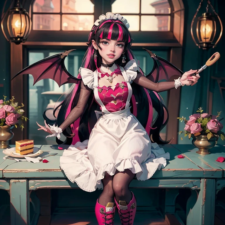 1 girl, a girl with bat wings, holding a pastry brush, succubus, bakery, a cake on focus, cake with strawberrys and red roses, bat choker, necklace, centered, bat jewelry, medieval castle scenery, Pink bat Jewelry, smile, vampire fangs, (looking at viewer), Draculaura_MH, wavy hair, Alone, half black hair, half pink hair, multicolored hair, long hair, braided hair, gothic scenery, medieval style, maid dress, white apron, maid apron, maid headdress, white skirt, pink knee boots, smiling, in kitchen, kitchen, black lanterns, stand up close to window, depth of field, film composition, ((high quality)), ((artwork)), (More details), maid dress, black maid headdress, black maid apron, bat wings, white dress, black dress with transparency, pink laces, pink gloves, black high socks , boots of high hills, bat jewel, jewel, sit on the grass, dark red roses in focus, Draculaura_(school of monsters), school of monsters, Looking at the viewer, More details on the clothes,