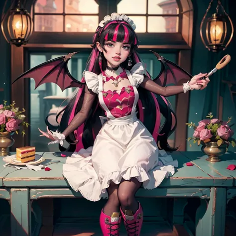 1 girl, a girl with bat wings, holding a pastry brush, succubus, bakery, a cake on focus, cake with strawberrys and red roses, b...