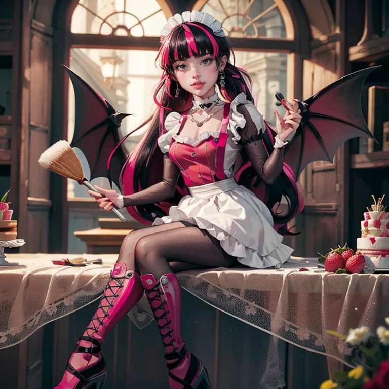 1 girl, a girl with bat wings, holding a pastry brush, succubus, bakery, a cake on focus, cake with strawberrys and red roses, bat choker, necklace, centered, bat jewelry, medieval castle scenery, Pink bat Jewelry, smile, vampire fangs, (looking at viewer), Draculaura_MH, wavy hair, Alone, half black hair, half pink hair, multicolored hair, long hair, braided hair, gothic scenery, medieval style, maid dress, white apron, maid apron, maid headdress, white skirt, pink knee boots, smiling, in kitchen, kitchen, black lanterns, stand up close to window, depth of field, film composition, ((high quality)), ((artwork)), (More details), maid dress, black maid headdress, black maid apron, bat wings, white dress, black dress with transparency, pink laces, pink gloves, black high socks , boots of high hills, bat jewel, jewel, sit on the grass, dark red roses in focus, Draculaura_(school of monsters), school of monsters, Looking at the viewer, More details on the clothes,