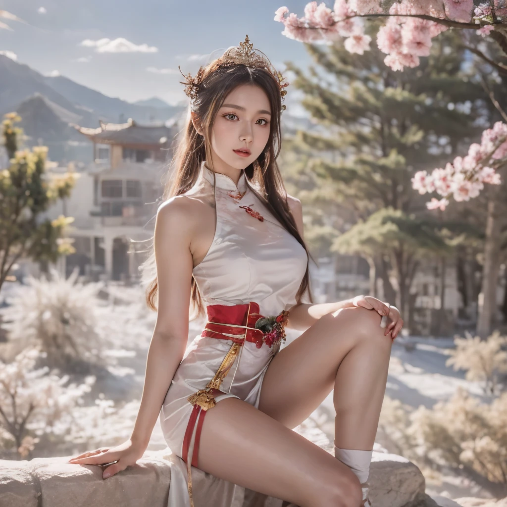 Blue sky and white clouds，Mountains in the distance、tower and many people，Pink flowers，Cherry tree，Hanfu woman,Phoenix crown tiara、Fine embroidery、穿Hanfu裤袜、Hanfu、穿长袖Hanfu、The legs are transparent and clearly visible、Look and、Exposed oversized breasts、Raw,(8K、Top quality、masterpiece:1.8)、(Intricate details:1.8)、(Reality:1.8)、Octane Rendering、Complex 3D rendering with ultra-details, Studio soft light, Side light, Vivid details, Super Detail, Realistic skin texture, Details, beautiful eyes, Highly detailed CG Unity 16k wallpaper, cosmetic, (Detailed background:2.0), Clear your fingers，Beautiful fingers，Radiant skin、Spread your legs，Camel toe showing thigh!!!、