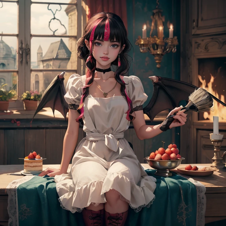 1 girl, a girl with bat wings, holding a pastry brush, succubus, bakery, a cake on focus, cake with strawberrys and red roses, bat choker, necklace, centered, bat jewelry, medieval castle scenery, Pink bat Jewelry, smile, vampire fangs, (looking at viewer), Draculaura_MH, wavy hair, Alone, half black hair, half pink hair, multicolored hair, long hair, braided hair, gothic scenery, medieval style, maid dress, white apron, maid apron, maid headdress, white skirt, pink knee boots, smiling, in kitchen, kitchen, black lanterns, stand up close to window, depth of field, film composition, ((high quality)), ((artwork)), (More details), maid dress, black maid headdress, black maid apron, bat wings, white dress, black dress with transparency, pink laces, pink gloves, black high socks , boots of high hills, bat jewel, jewel, sit on the grass, dark red roses in focus, Draculaura_(school of monsters), school of monsters, Looking at the viewer, More details on the clothes,