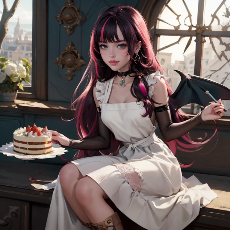 1 girl, a girl with bat wings, holding a pastry brush, succubus, bakery, a cake on focus, cake with strawberrys and red roses, bat choker, necklace, centered, bat jewelry, medieval castle scenery, Pink bat Jewelry, smile, vampire fangs, (looking at viewer), Draculaura_MH, wavy hair, Alone, half black hair, half pink hair, multicolored hair, long hair, braided hair, gothic scenery, medieval style, maid dress, white apron, maid apron, maid headdress, white skirt, pink knee boots, smiling, in kitchen, kitchen, black lanterns, stand up close to window, depth of field, film composition, ((high quality)), ((artwork)), (More details), maid dress, black maid headdress, black maid apron, bat wings, white dress, black dress with transparency, pink laces, pink gloves, black high socks , boots of high hills, bat jewel, jewel, sit on the grass, dark red roses in focus, Draculaura_(school of monsters), school of monsters, Looking at the viewer, More details on the clothes,