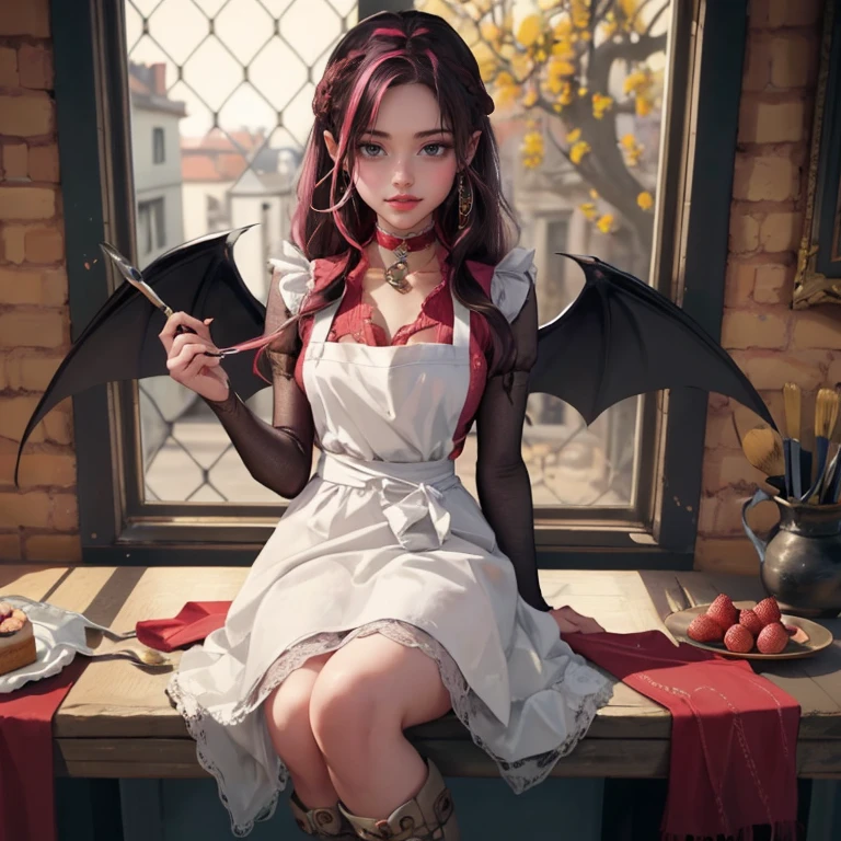 1 girl, a girl with bat wings, holding a pastry brush, succubus, bakery, a cake on focus, cake with strawberrys and red roses, bat choker, necklace, centered, bat jewelry, medieval castle scenery, Pink bat Jewelry, smile, vampire fangs, (looking at viewer), Draculaura_MH, wavy hair, Alone, half black hair, half pink hair, multicolored hair, long hair, braided hair, gothic scenery, medieval style, maid dress, white apron, maid apron, maid headdress, white skirt, pink knee boots, smiling, in kitchen, kitchen, black lanterns, stand up close to window, depth of field, film composition, ((high quality)), ((artwork)), (More details), maid dress, black maid headdress, black maid apron, bat wings, white dress, black dress with transparency, pink laces, pink gloves, black high socks , boots of high hills, bat jewel, jewel, sit on the grass, dark red roses in focus, Draculaura_(school of monsters), school of monsters, Looking at the viewer, More details on the clothes,