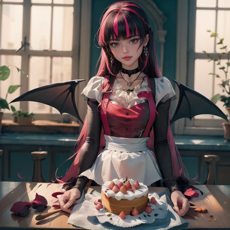 1 girl, a girl with bat wings, holding a pastry brush, succubus, bakery, a cake on focus, cake with strawberrys and red roses, bat choker, necklace, centered, bat jewelry, medieval castle scenery, Pink bat Jewelry, smile, vampire fangs, (looking at viewer), Draculaura_MH, wavy hair, Alone, half black hair, half pink hair, multicolored hair, long hair, braided hair, gothic scenery, medieval style, maid dress, white apron, maid apron, maid headdress, white skirt, pink knee boots, smiling, in kitchen, kitchen, black lanterns, stand up close to window, depth of field, film composition, ((high quality)), ((artwork)), (More details), maid dress, black maid headdress, black maid apron, bat wings, white dress, black dress with transparency, pink laces, pink gloves, black high socks , boots of high hills, bat jewel, jewel, sit on the grass, dark red roses in focus, Draculaura_(school of monsters), school of monsters, Looking at the viewer, More details on the clothes,